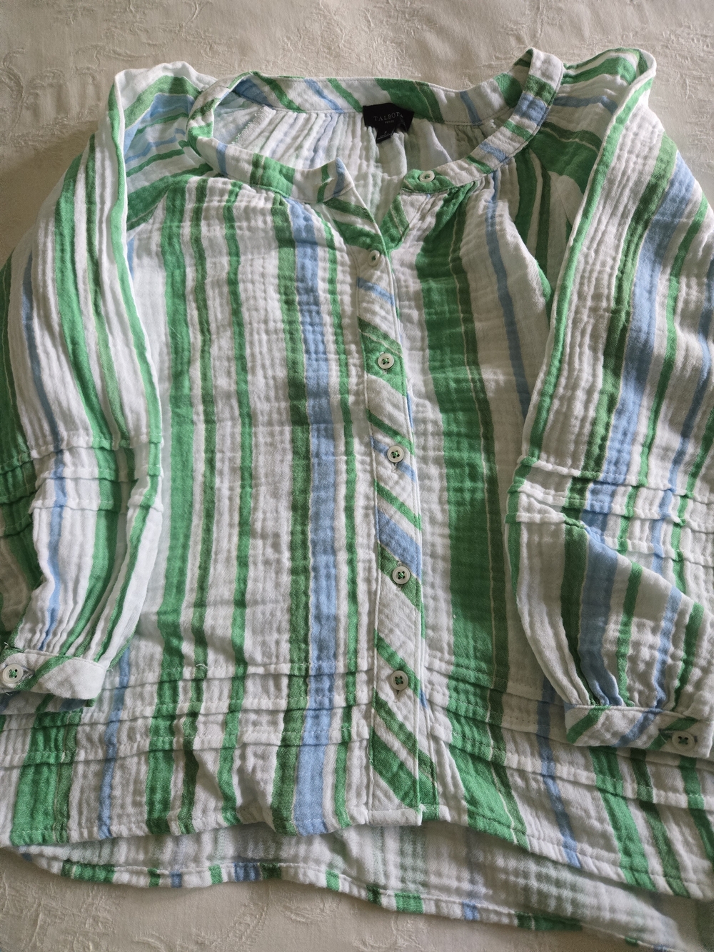 Talbots Green, Blue & White Striped Button-Front Top for Women. Petite